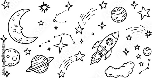 Space Doodle Set: Hand-Drawn Planets, Stars, Moon, Rocket, and Constellations