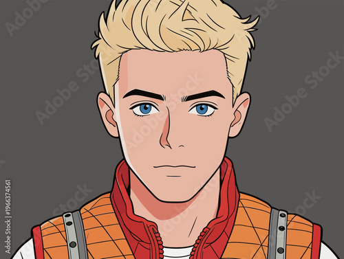 Young man with blonde hair and blue eyes wearing a red vest poses against a dark background during a digital art session