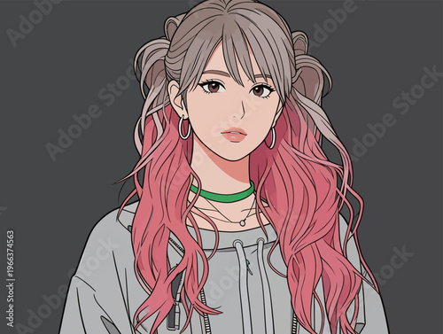 Young woman with long pink hair and casual outfit looks directly at the viewer in a simple graphic design setting