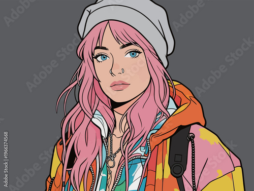 Young woman with pink hair wearing a colorful jacket and hat standing against a gray background