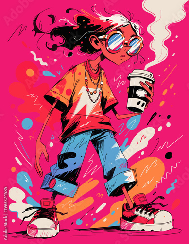 Y2Kファッションのサングラス女性、ネオンピンク背景でコーヒーを持つイラスト