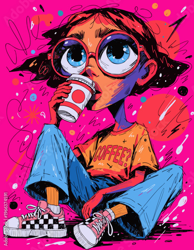 Y2Kファッションのサングラス女性イラストセット、ネオンピンク背景でコーヒーを飲むポップアート