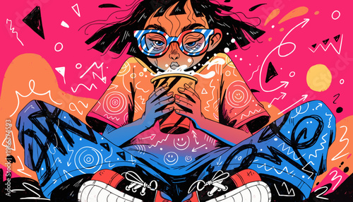 ネオンピンクのストリートアート背景、コーヒーを持つY2Kファッションの女性、横長イラスト