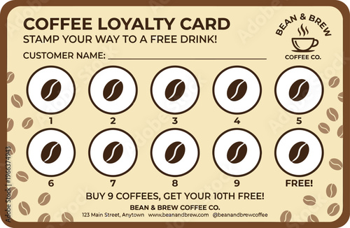 Coffee shop loyalty program punch card template design, encouraging repeat business with a free drink reward system