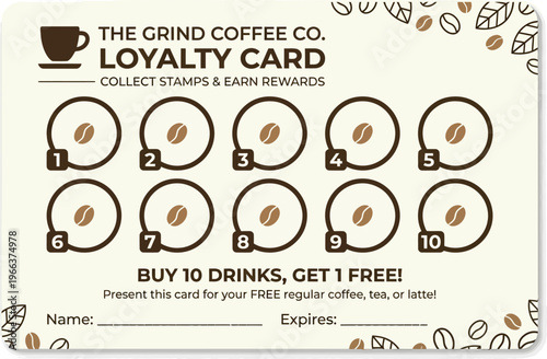 Modern customer loyalty program card design for coffee shops, featuring a clear stamp collection process to earn a free drink and encourage repeat patronage