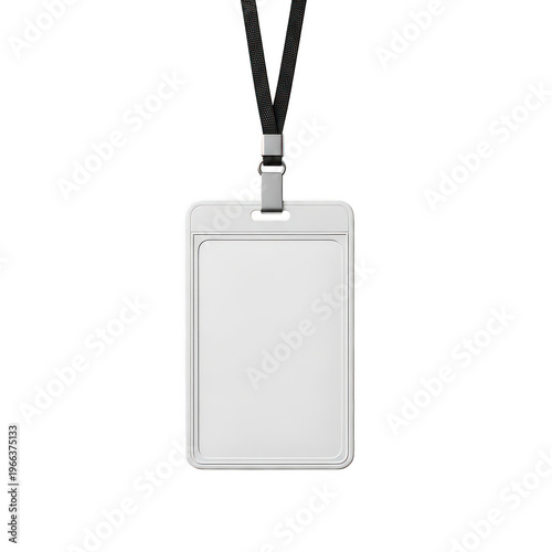 Blank vertical plastic ID card holder with black neck lanyard strap, isolated on transparent cutout png.