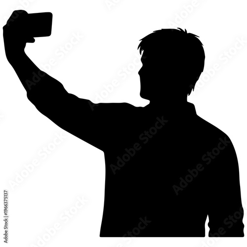 Man silhouette taking a selfie with smartphone, isolated on white