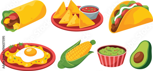 Minimalist flat vector set of Mexican cuisine featuring burrito, hard-shell taco, nachos with salsa, sunny-side-up egg, corn on cob, and guacamole