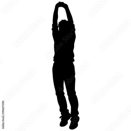 Silhouette of a person reaching upwards with arms extended against white background