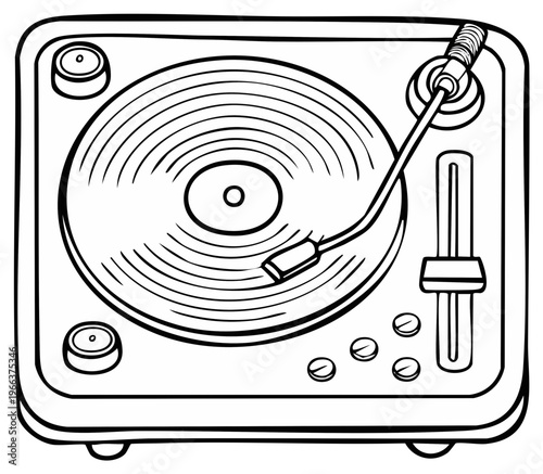 Retro turntable and vinyl record played by tonearm and stylus with DJ mixer controls