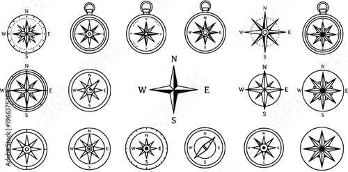 Set of diverse compass rose and navigational symbols vector illustrations. Black and white line art icons for direction, travel, exploration, and maritime design.