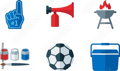 Collection of Sports and Celebration Icons Foam Finger, Megaphone, Grill, Paint, Soccer Ball, and Cooler