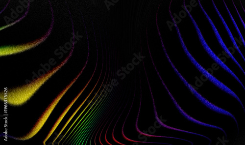 Abstract black background with vibrant rainbow topographic lines, colorful distorted wavy stripes, and neon glitch aesthetic for gaming setups, tech branding, and modern digital wallpapers.