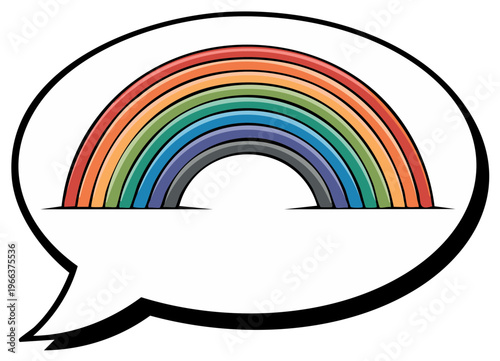 Colorful cartoon rainbow illustration in a speech bubble, isolated design element.