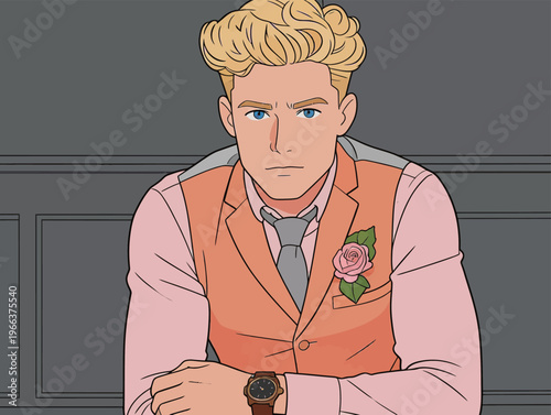 Man sits at a table wearing an orange vest, pink shirt, grey tie, and a flower, showing a serious expression