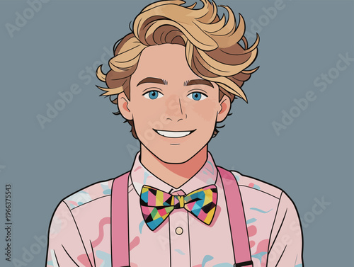 Young man with light brown hair smiling in colorful outfit with bow tie and suspenders in cartoon style