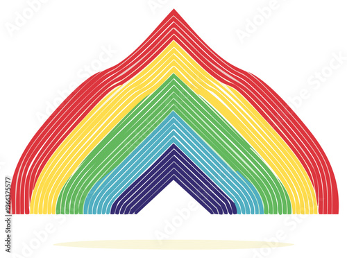 Vibrant abstract rainbow illustration featuring a pointed peak and layered colorful lines representing hope and diversity