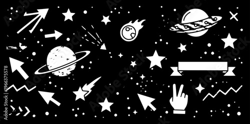 Black and white grunge space doodle illustration with planets, stars, comet, UFO, arrows, and abstract shapes, perfect for cosmic designs.