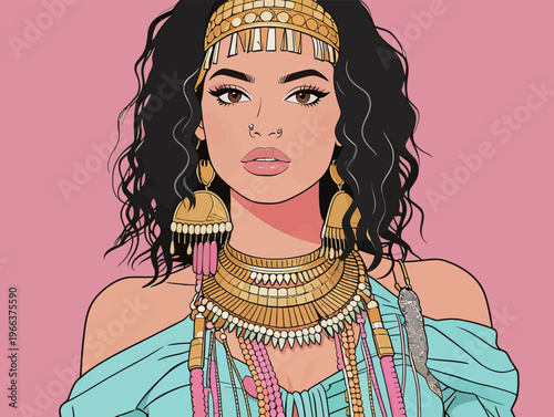 Woman with curly hair wearing jewelry with a pink background, showcasing a vibrant fashion style