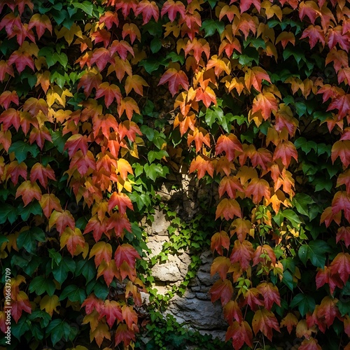 Autumnal Ivy Adorning a Stone Wall in Sunlight.