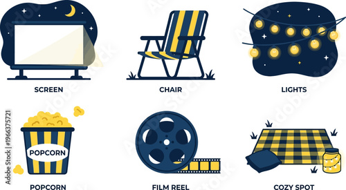 Outdoor movie night setup with screen, chair, popcorn, film reel, and cozy blanket under the stars
