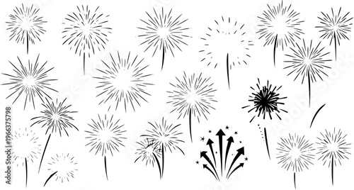 Black and White Fireworks Illustration Set: Bursting Celebration Elements
