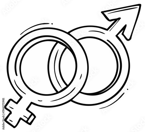 Gender Symbols Interlocked: Mars and Venus Signs Hand-Drawn Line Art