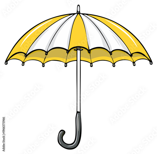 Bright yellow and white striped umbrella with a curved handle open for protection