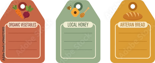 Set of three hanging tags or labels with icons and text for organic vegetables, local honey, and artisan bread