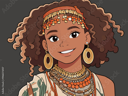 Girl with curly hair wearing jewelry and traditional clothing at a celebration