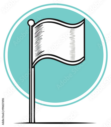 Simple white flag vector graphic with turquoise circle emblem illustration design