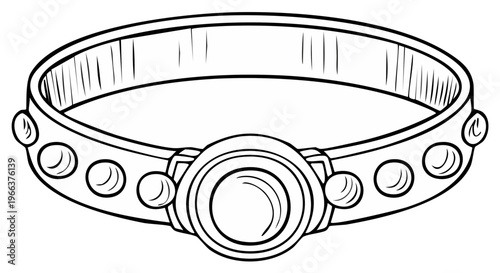 Ornate Ring with Central Gemstone and Decorative Studs Black and White Line Art