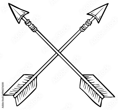 Two crossed arrows with feather fletching and pointed arrowheads in a simple line drawing style