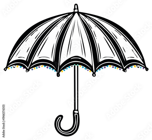 Whimsical black and white vector illustration of an umbrella decorated with colorful beads for a festive occasion
