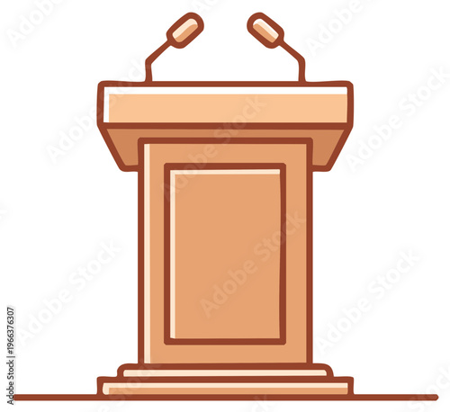 Illustrated Wooden Podium with Microphones Ready for Speech or Presentation