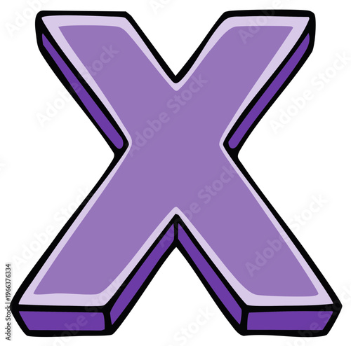 Bold Purple Letter X Symbol in a 3D Cartoon Style with Black Outline