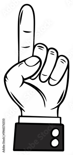 Hand with index finger pointing upwards wearing jacket, success gesture concept.