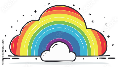 Vibrant rainbow emerging from a stylized cloud with sparkling accents
