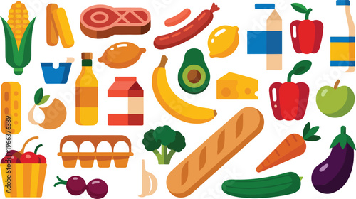 Minimalist vector set of groceries featuring corn, steak, hot dog, milk, apple, bell pepper, banana, avocado, baguette, broccoli, eggs, and more