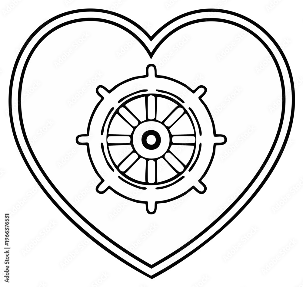 Obraz premium Heart-shaped frame with ship's wheel, symbol of love and navigation