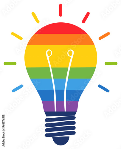 Rainbow colored lightbulb design with emanating light beams against a white background.