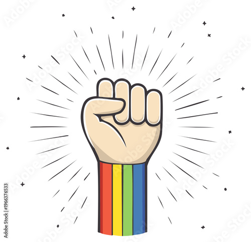 Raised fist with rainbow colors, symbol of unity, support, and pride