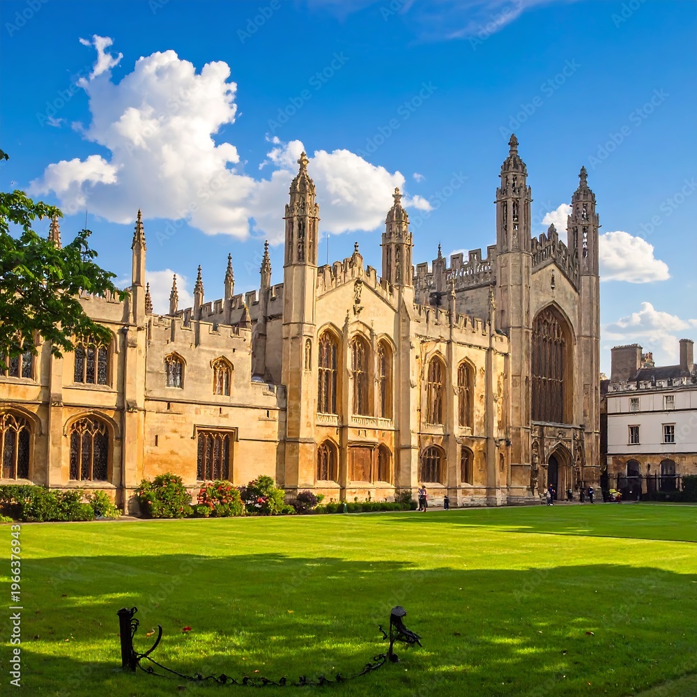 Fototapeta premium A large, historic stone building with towers and arched windows on a green lawn