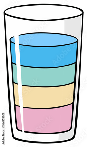 Clear glass filled with colorful layered liquids and a white outline illustration