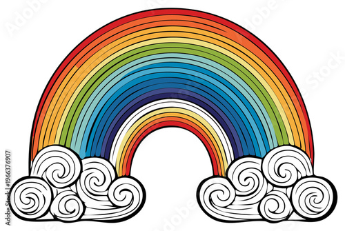 Vibrant Full Arch Rainbow with Swirling Clouds Illustration