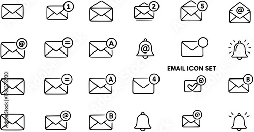 Email and Notification Icon Set - Simple Line Art Symbols for Web and App Interface, Digital Messages, Alerts, and Communication