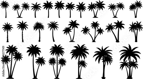 Collection of diverse black palm tree silhouettes, including single, double, and groups, representing tropical island nature, summer holidays, travel, paradise, and vacation.