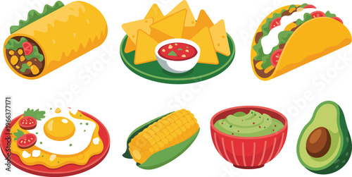 Minimalist flat vector set of Mexican cuisine featuring burrito, hard-shell taco, nachos with salsa, sunny-side-up egg, corn on cob, and guacamole