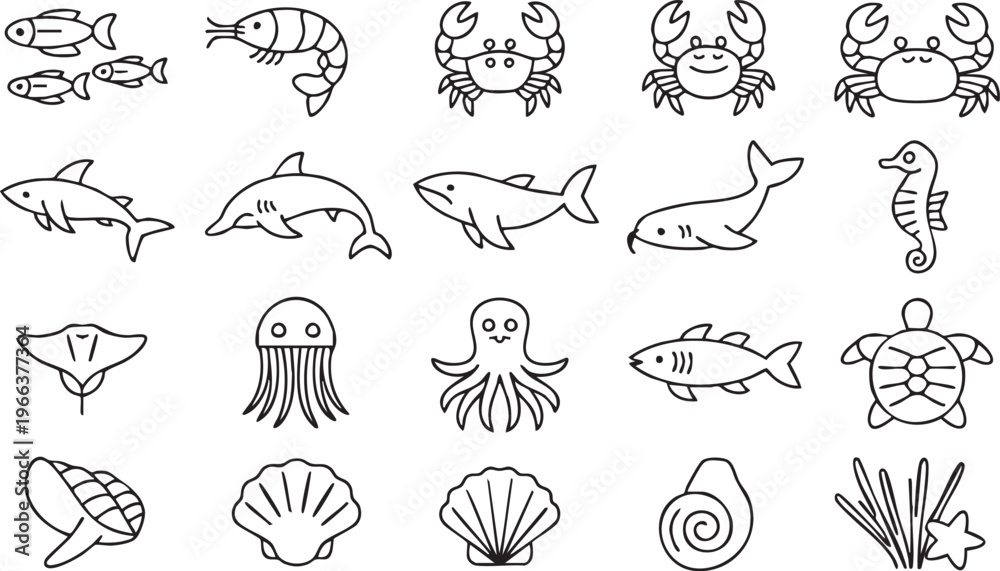 Obraz premium Ocean life icon collection featuring fish, crab, whale and reef creatures for UI and app design