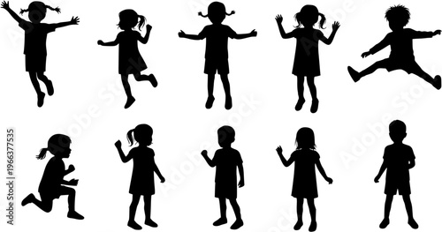 Diverse Silhouettes of Children Playing and Jumping: A Collection of Active Kids in Motion